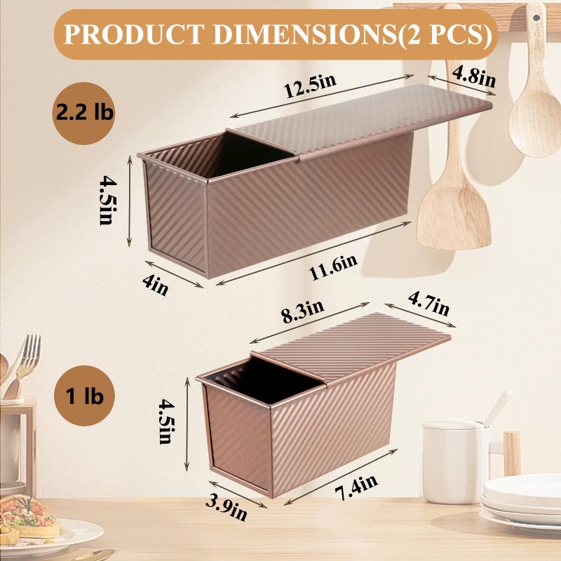 SS&CC Pullman Loaf Pan with Lid 2-Pack, 2.2lb & 1lb Carbon Steel Bread Pan for Homemade Sourdough & Sandwich Bread | Nonstick Bakeware, Heavy Duty & Easy Clean (Gold, 1lb+2.2lb) - Image 2