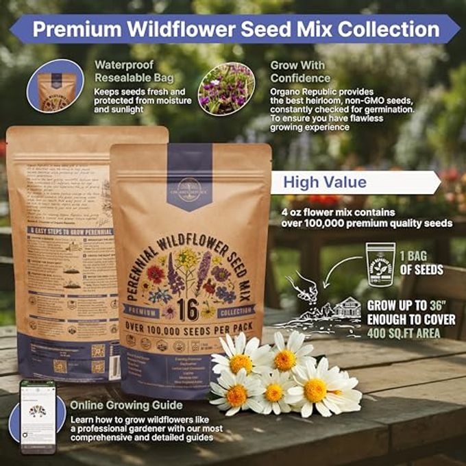 Organo Republic 16 Perennial Wildflower Seeds Mix For Indoor & Outdoors. 100,000+ Non-Gmo, Heirloom Wildflower Garden Seeds, 4Oz Packet For Growing Wild Flowers To Attract Bees, Butterflies & Birds - Image 2