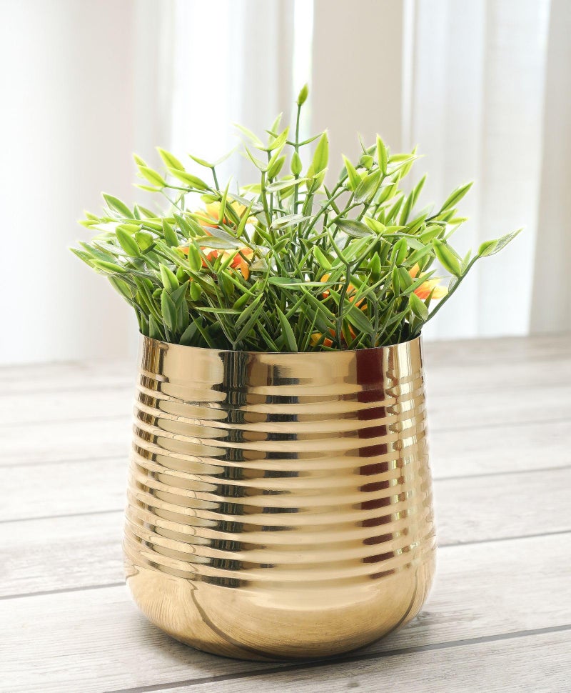 BEHOMA Metal Ribbed Design Planter for Home Decor | Decoratives for Indoor Outdoor Balcony Living Room | Table Decorative Plant Pot | Size Height- 6" x Dia. 6.5" inch | Golden (Plant not Included) - Image 2