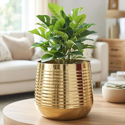 BEHOMA Metal Ribbed Design Planter for Home Decor | Decoratives for Indoor Outdoor Balcony Living Room | Table Decorative Plant Pot | Size Height- 6" x Dia. 6.5" inch | Golden (Plant not Included) - Image 1