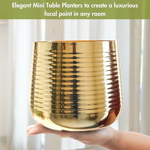 BEHOMA Metal Ribbed Design Planter for Home Decor | Decoratives for Indoor Outdoor Balcony Living Room | Table Decorative Plant Pot | Size Height- 6" x Dia. 6.5" inch | Golden (Plant not Included) - Image 3