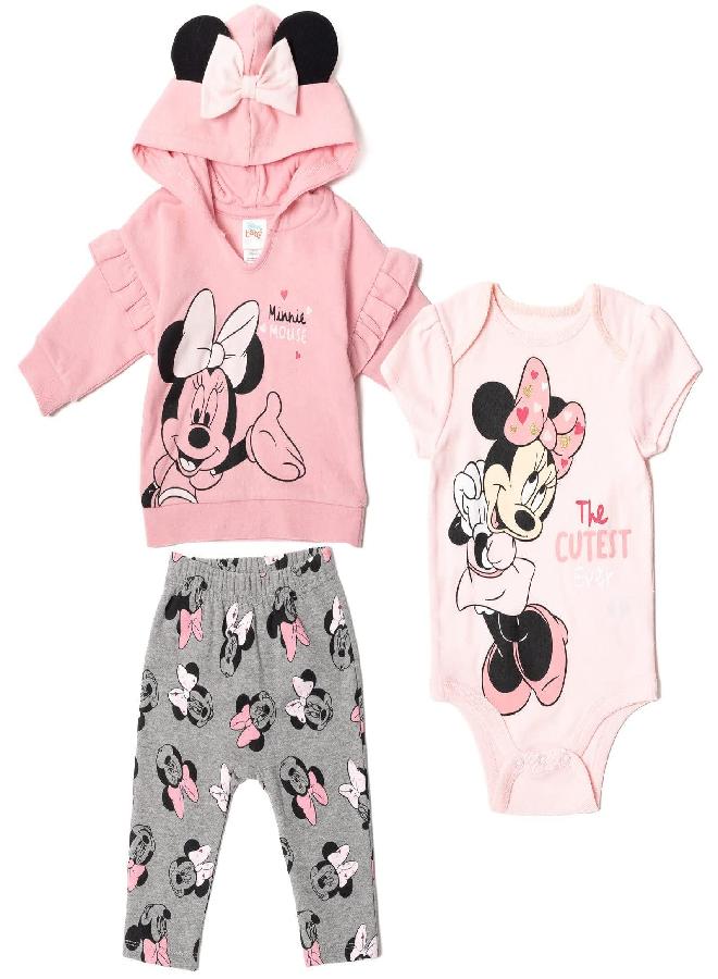 Disney Disney Minnie Mouse Infant Baby Boys or Girls 3 Piece Outfit Set: Pants Bodysuit Hoodie Grey/Pink 6-9 Months  - Image 1