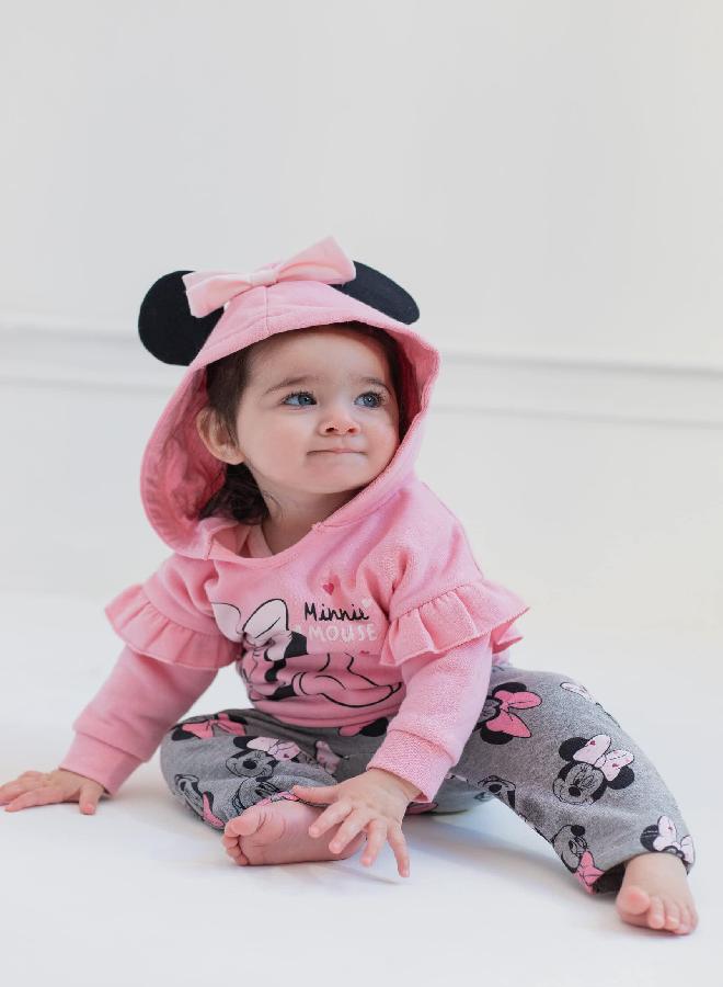 Disney Disney Minnie Mouse Infant Baby Boys or Girls 3 Piece Outfit Set: Pants Bodysuit Hoodie Grey/Pink 6-9 Months  - Image 2