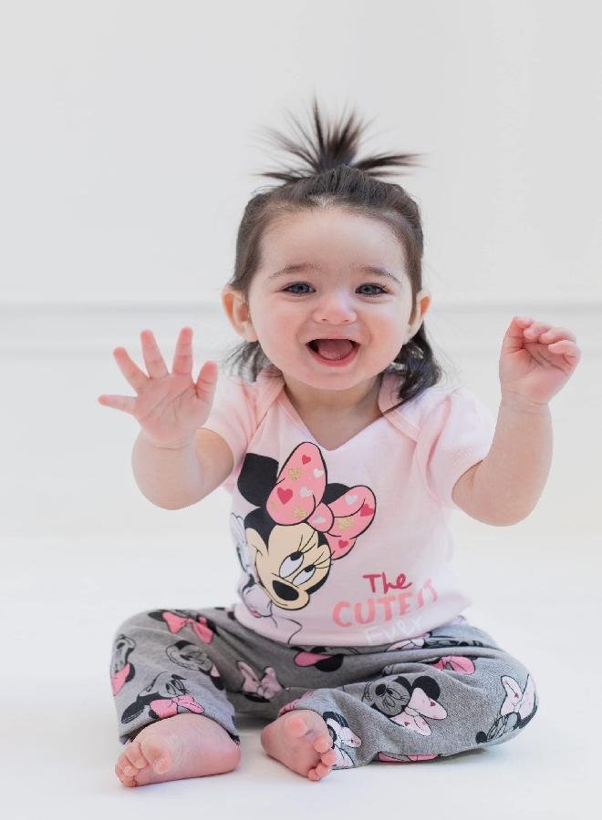 Disney Disney Minnie Mouse Infant Baby Boys or Girls 3 Piece Outfit Set: Pants Bodysuit Hoodie Grey/Pink 6-9 Months  - Image 3