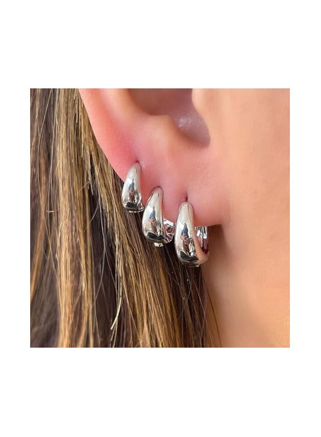 3 Pairs Silver Hoop Earrings Set for Women Trendy  Plated Hoop Earrings Small Huggie Hoops Earring Sets for Multiple Piercing Silver Earring Stack Dainty Earrings for Girls Gift  - Image 3