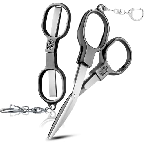 BSADIY 2 Pcs Folding Stainless Steel Portable Mini Travel Scissors, Safety Foldable Pocket Badge Small Scissors All Purpose with 2 Keychain for Travel, Office, Craft, Sewing, Nurse Accessories (Gray Black) - Image 1