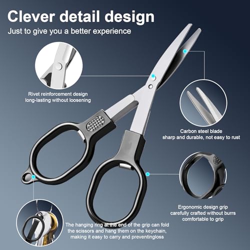 BSADIY 2 Pcs Folding Stainless Steel Portable Mini Travel Scissors, Safety Foldable Pocket Badge Small Scissors All Purpose with 2 Keychain for Travel, Office, Craft, Sewing, Nurse Accessories (Gray Black) - Image 2