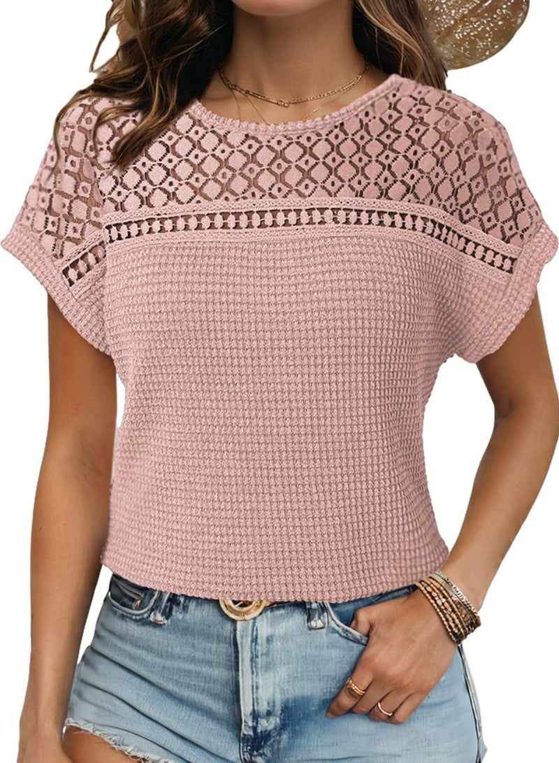 Dokotoo Cute Summer Tops for Women Crew Neck Short Sleeve Waffle Knit Short Sleeve Shirts 2026 Fashion Spring Business Casual Work Womens Blouses Pink Tops Women's Clothing XL - Image 1