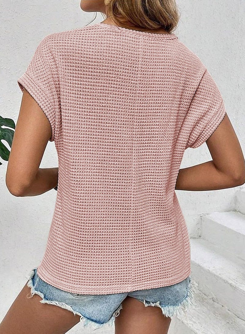 Dokotoo Cute Summer Tops for Women Crew Neck Short Sleeve Waffle Knit Short Sleeve Shirts 2026 Fashion Spring Business Casual Work Womens Blouses Pink Tops Women's Clothing XL - Image 3