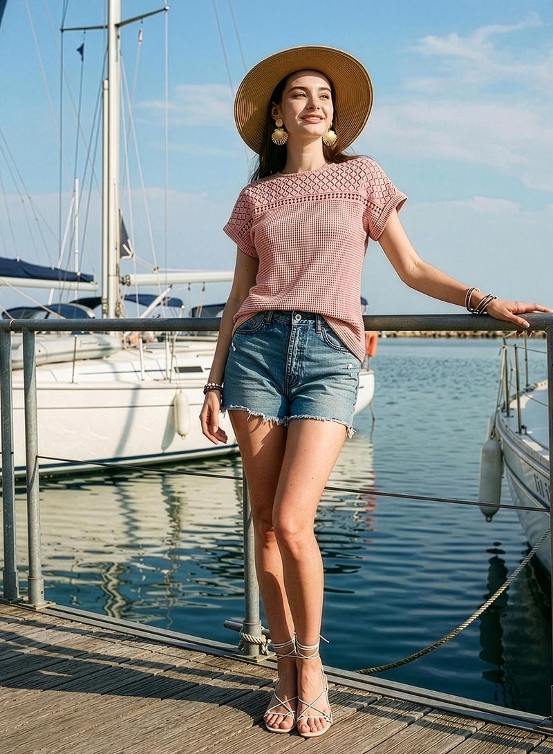 Dokotoo Cute Summer Tops for Women Crew Neck Short Sleeve Waffle Knit Short Sleeve Shirts 2026 Fashion Spring Business Casual Work Womens Blouses Pink Tops Women's Clothing XL - Image 5