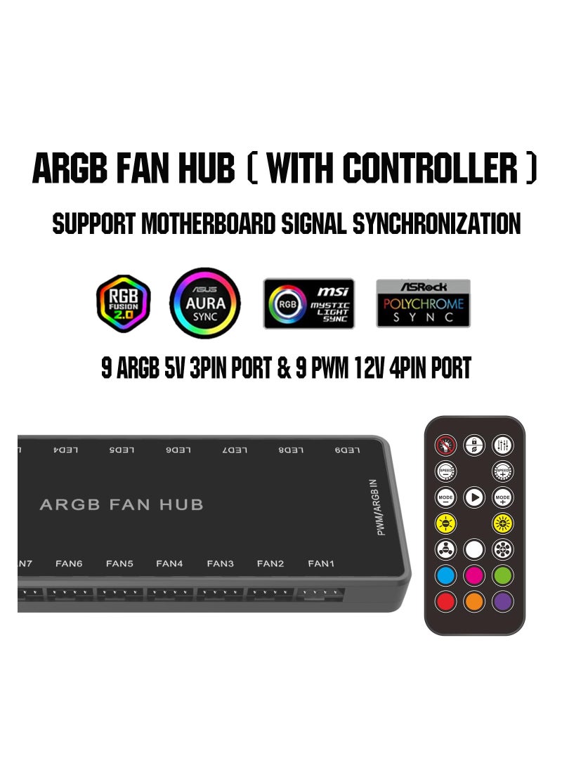 بيوينتي - ARGB Fan HUB Controller with Remote Control, PWM Fan Hub Support 9 Groups of Fans for Addressable 5V 3Pin ARGB  12V 4Pin PWM, 2-in-1 RGB Case Fan Hub with Hidden Magnetic Base and SATA Power - Image 1