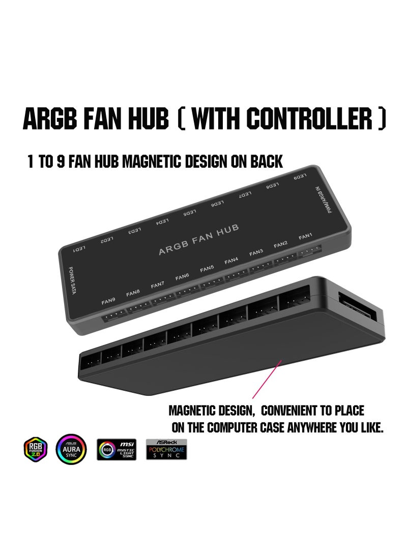 بيوينتي - ARGB Fan HUB Controller with Remote Control, PWM Fan Hub Support 9 Groups of Fans for Addressable 5V 3Pin ARGB  12V 4Pin PWM, 2-in-1 RGB Case Fan Hub with Hidden Magnetic Base and SATA Power - Image 1