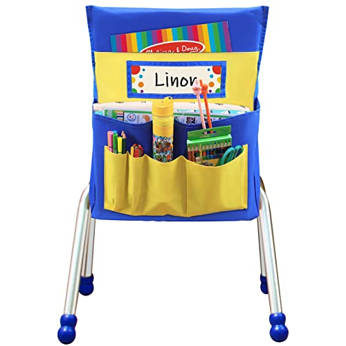 AUVCAS VNOM Chair Back Pocket School Seat Chair Storage Pocket Organizer with Label Slot Multiple Pockets for School Home Classroom Preschool Daycare (Yellow+Blue) - Image 2