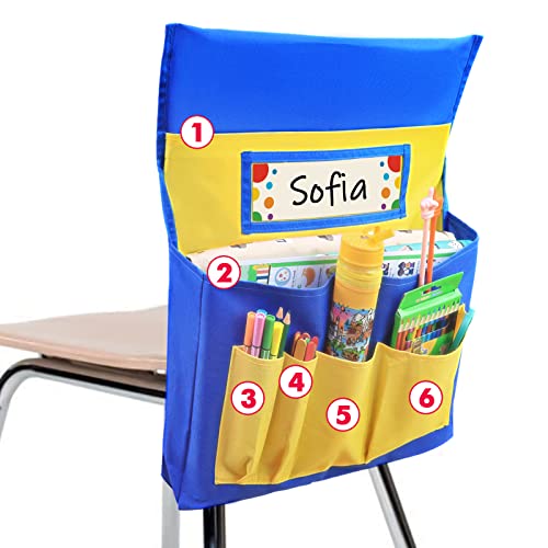 AUVCAS VNOM Chair Back Pocket School Seat Chair Storage Pocket Organizer with Label Slot Multiple Pockets for School Home Classroom Preschool Daycare (Yellow+Blue) - Image 1