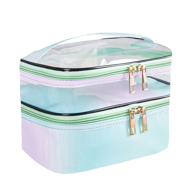 FITINI Makeup Bags Double Layer Travel Storage Cosmetic Cases Make up Organizer Toiletry Bags Waterresistant for Women Makeup Brush BagGradient Green - Image 2