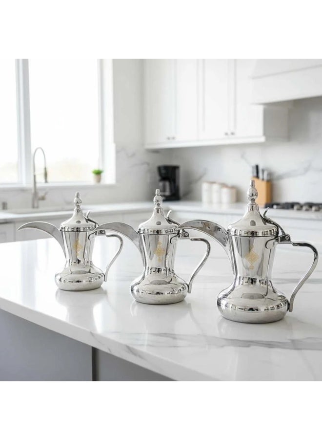 Alsaif Al Saif Indonesian coffee pot set, 3 sizes, Silver/Gold, 0.7 liters, 0.9 liters, 1.4 liters.