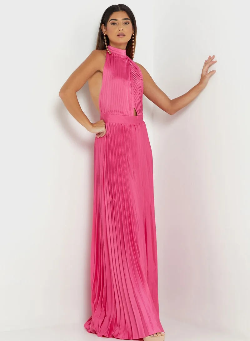 boohoo Halter Neck Cut Out Detail Pleated Dress for Women | Best Price Oman