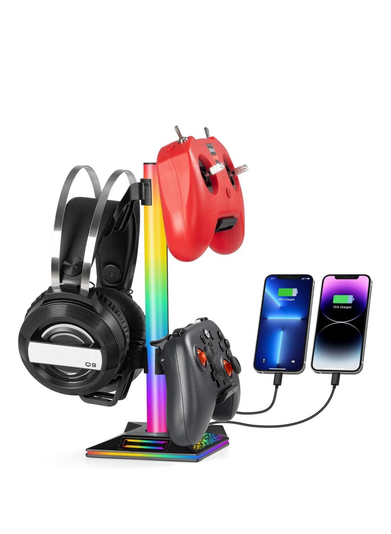 McDou Headset Stand, Game Controller Stand, Headset Stand with 2 USB Charging Ports, RGB Headset Stand with 10 Lighting Modes, PC Gaming Accessory for All Headsets, Gifts for Boys and Gamers! - Image 1