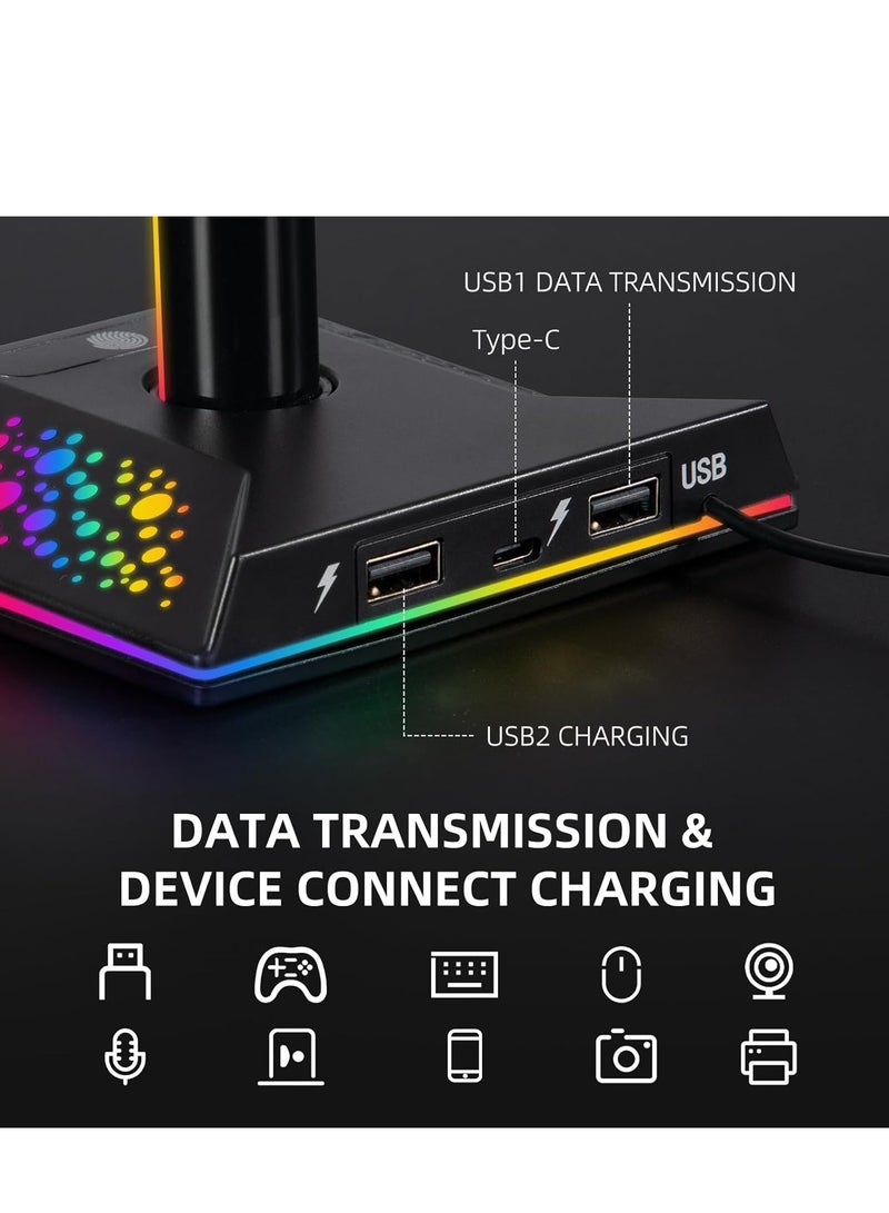 McDou Headset Stand, Game Controller Stand, Headset Stand with 2 USB Charging Ports, RGB Headset Stand with 10 Lighting Modes, PC Gaming Accessory for All Headsets, Gifts for Boys and Gamers! - Image 2