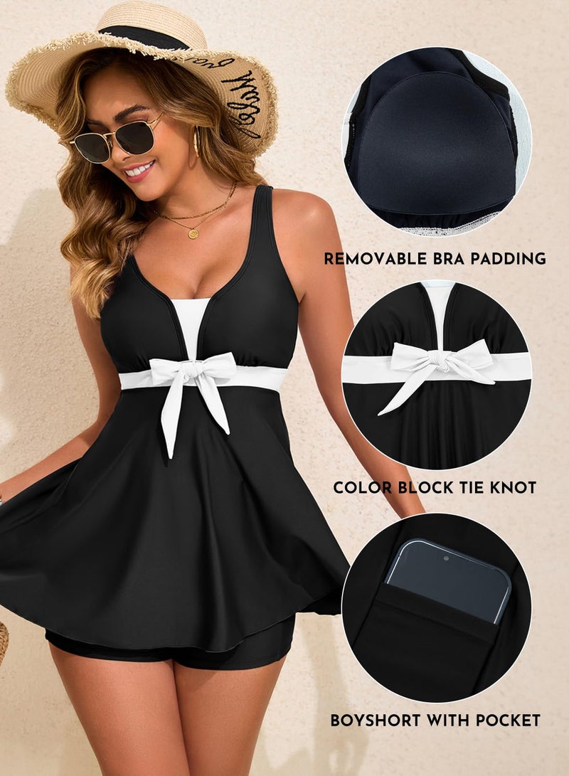 Aleumdr Women's Tankini Bathing Suits Two Piece Tummy Control Swim Dress High Waist Boyshort Printed Padded Swimsuit with Pockets Black Small - Image 4