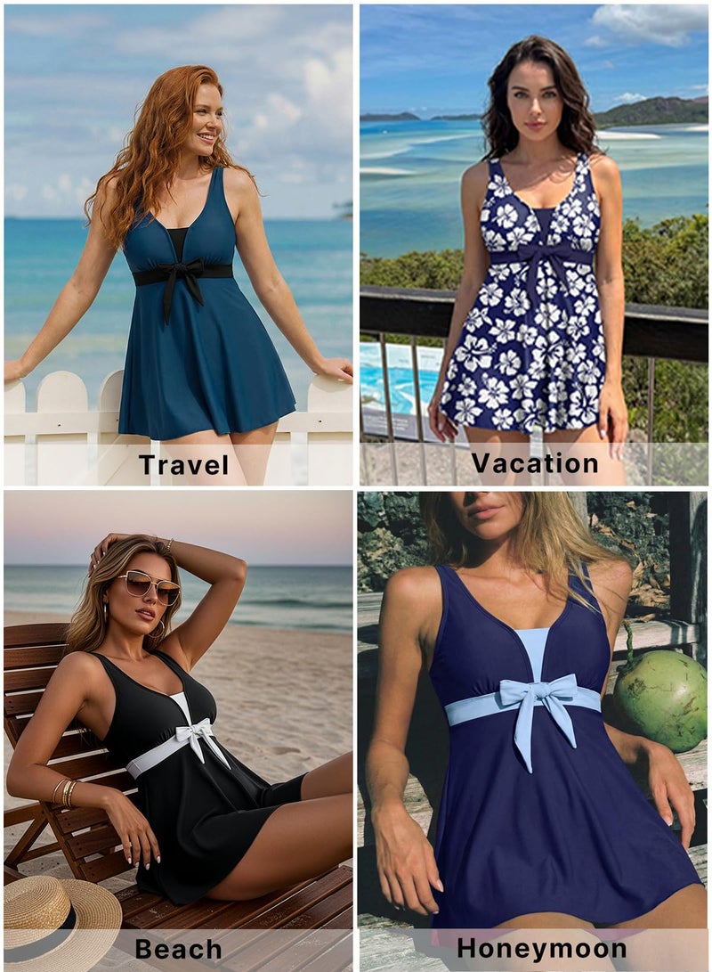 Aleumdr Women's Tankini Bathing Suits Two Piece Tummy Control Swim Dress High Waist Boyshort Printed Padded Swimsuit with Pockets Black Small - Image 5