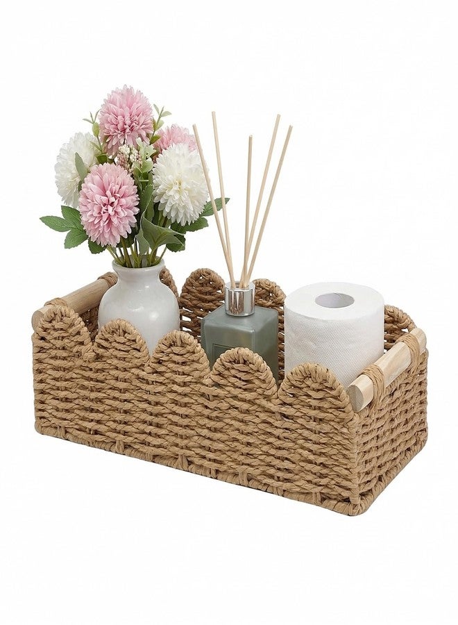 EITMOW Paper Rope Bathroom Basket Organizer, Scalloped Edge Toilet Tank Storage Basket with Wooden Handles, Wicker Toilet Paper Basket for Bathroom Countertop, Over Toilet Tank Shelf Decor (Beige, L) - Image 1