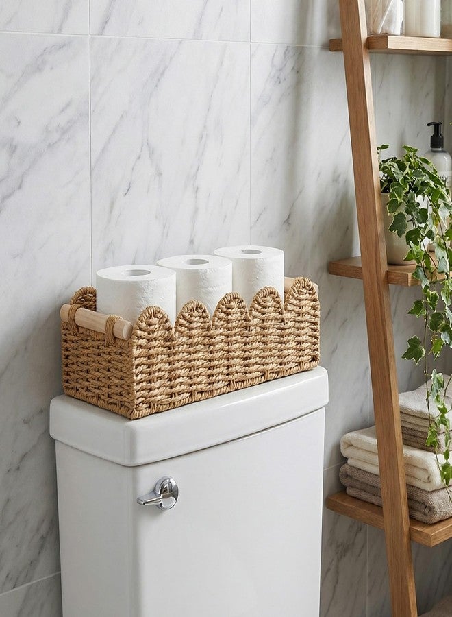 EITMOW Paper Rope Bathroom Basket Organizer, Scalloped Edge Toilet Tank Storage Basket with Wooden Handles, Wicker Toilet Paper Basket for Bathroom Countertop, Over Toilet Tank Shelf Decor (Beige, L) - Image 3