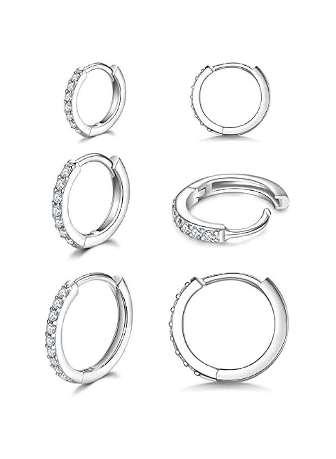 925 Sterling Silver Small Hoop Earrings Cubic Zirconia Huggie Hoop Earrings, 3 Pairs 14K White Gold Plated Cartilage Piercing Earrings Ear Cuff Tiny Hoop Earrings for Women Men - Image 1