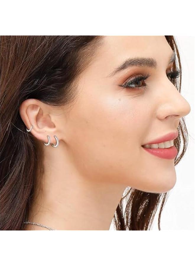 925 Sterling Silver Small Hoop Earrings Cubic Zirconia Huggie Hoop Earrings, 3 Pairs 14K White Gold Plated Cartilage Piercing Earrings Ear Cuff Tiny Hoop Earrings for Women Men - Image 3