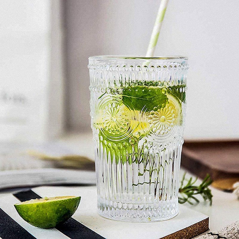 PrimeWorld European 360 Ml Embossed Glasses Set Of 6 Pcs - Drinking Glasses For- Water, Juice, Colddrink, Mojito, Cocktail, Lead-Free, Perfect For Home, Restaurants And Parties, Transparent - Image 1