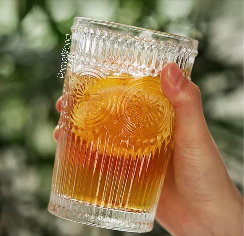 PrimeWorld European 360 Ml Embossed Glasses Set Of 6 Pcs - Drinking Glasses For- Water, Juice, Colddrink, Mojito, Cocktail, Lead-Free, Perfect For Home, Restaurants And Parties, Transparent - Image 3