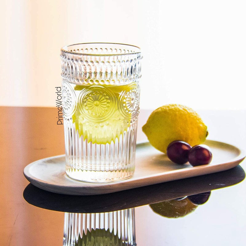 PrimeWorld European 360 Ml Embossed Glasses Set Of 6 Pcs - Drinking Glasses For- Water, Juice, Colddrink, Mojito, Cocktail, Lead-Free, Perfect For Home, Restaurants And Parties, Transparent - Image 4