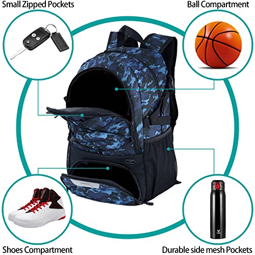 WOLT | Basketball Equipment Backpack, Large Sports Bag with Separate Ball Holder & Shoes Compartment, Best for Basketball, Soccer, Volleyball,Gym,Travel(Camouflage Blue) - Image 3