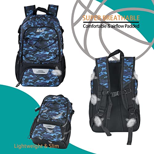 WOLT | Basketball Equipment Backpack, Large Sports Bag with Separate Ball Holder & Shoes Compartment, Best for Basketball, Soccer, Volleyball,Gym,Travel(Camouflage Blue) - Image 4