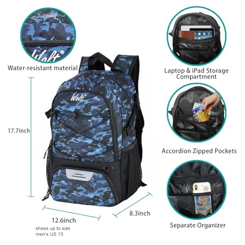 WOLT | Basketball Equipment Backpack, Large Sports Bag with Separate Ball Holder & Shoes Compartment, Best for Basketball, Soccer, Volleyball,Gym,Travel(Camouflage Blue) - Image 2