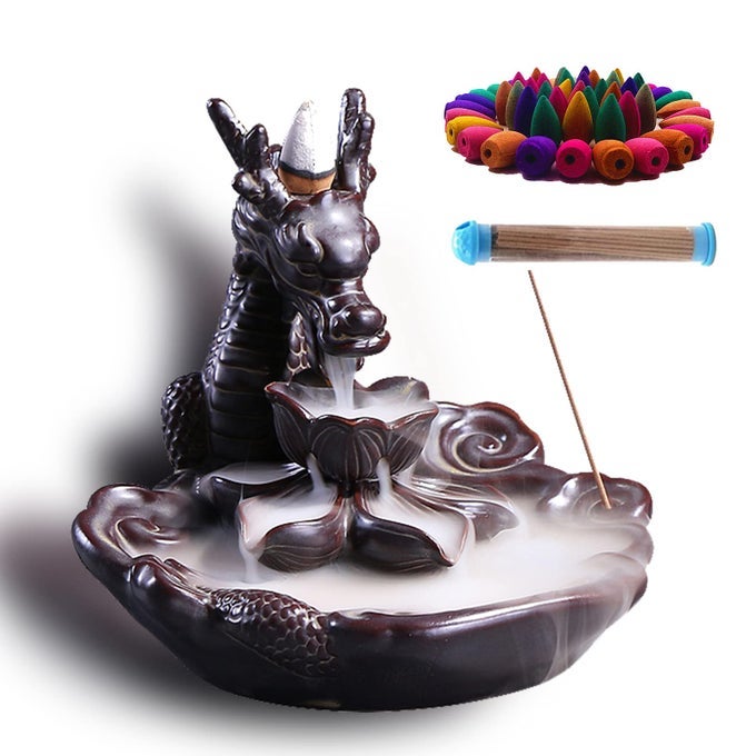 DRAGON INCENSE WATERFALL BURNER CERAMIC BACKFLOW INCENSE HOLDER SET WITH INCENSE CONES AND INCENSE STICKS DRAGON ORNAMENT FOR HOME DCOR