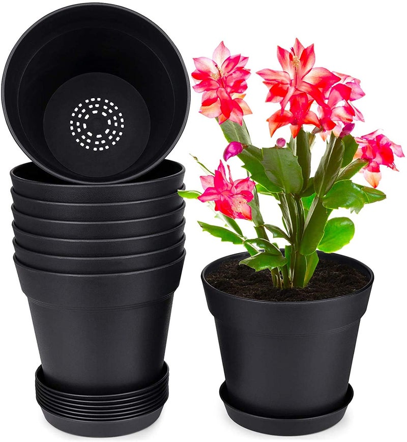 homenote Pots for Plants, 8 Pcs 7.5 Inch Plastic Planters with Multiple Drainage Holes and Tray - Plant Pots for All Home Garden Flowers Succulents, Matte Black - Image 1