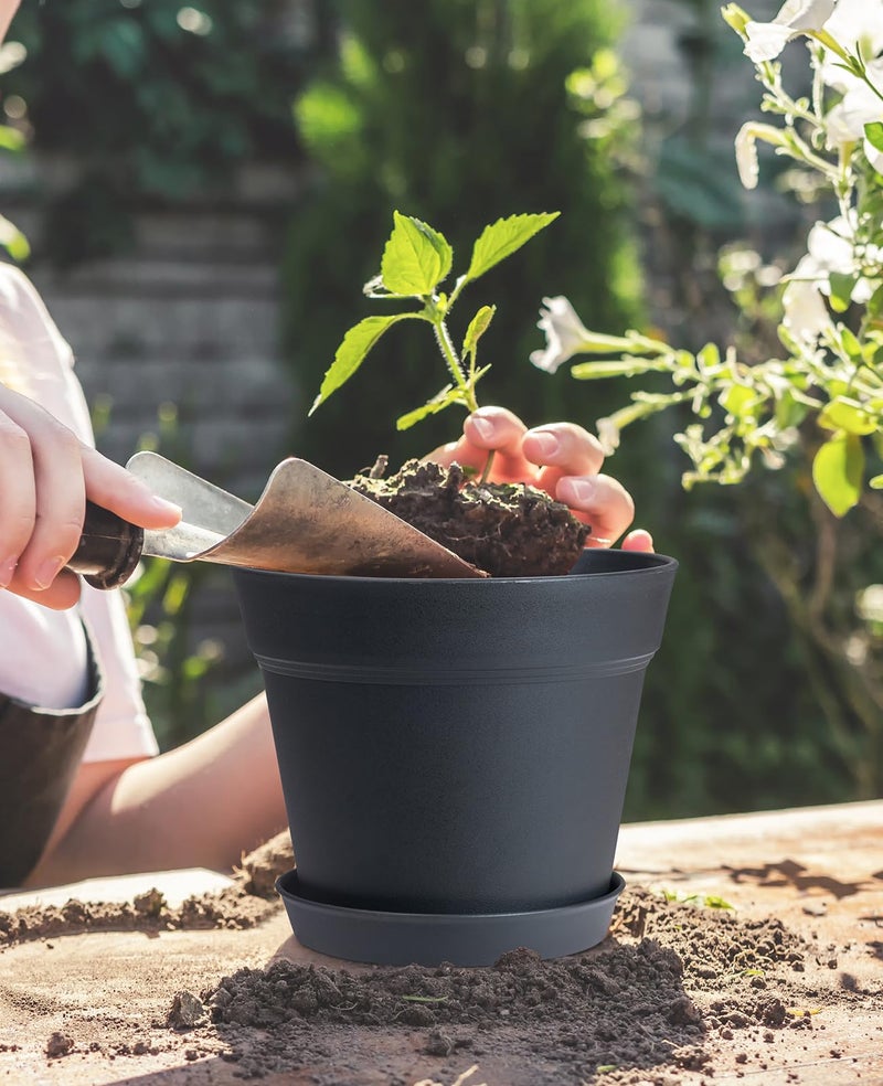 homenote Pots for Plants, 8 Pcs 7.5 Inch Plastic Planters with Multiple Drainage Holes and Tray - Plant Pots for All Home Garden Flowers Succulents, Matte Black - Image 3