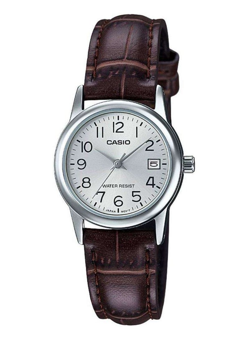 كاسيو Analog Women’s Watch LTP‑V002L‑7B2UDF, 25 mm Silver Dial, Stainless Steel Case, Brown Leather Band, Water Resistant - Image 1