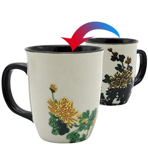 Asmwo Funny Ceramic Magic Heat Color Changing Art Coffee Tea Mug Gold Chrysanthemum Printing Porcelain Mugs for Women Personalized White Green Tea Cup 16 oz Large coffee Mugs for Mom Girl Grandma