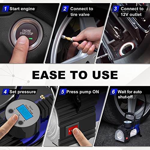 TOPDC Tire Inflator Portable Air Compressor Air Pump for Car Tires, Car Accessories, 12V DC Auto Tire Pump with Digital Pressure Gauge, 100PSI with Emergency LED Light for Car, Bicycle, Balloons - Image 5