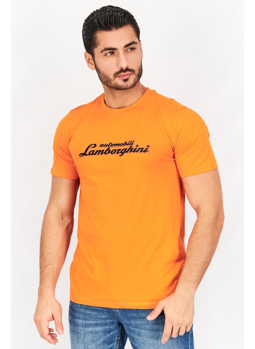 LAMBORGHINI Men Crew Neck Short Sleeves Embossed Graphic T-Shirt, Orange  - Image 1