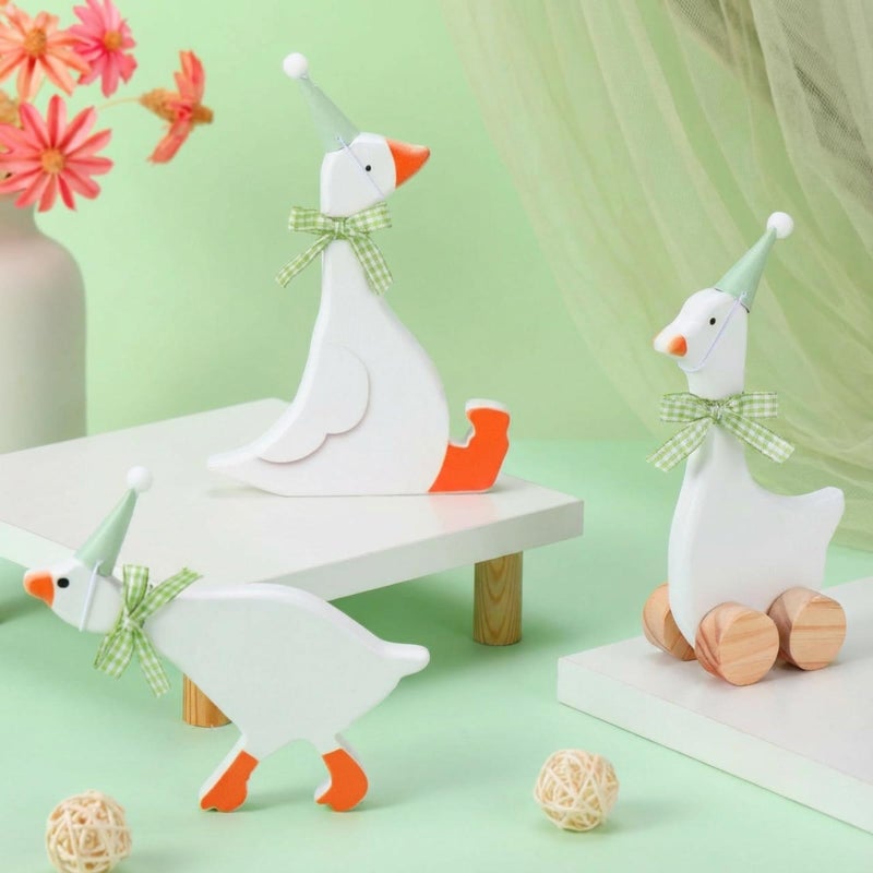 Leinuosen 3 Set One Silly Goose Birthday Decorations 6 Inch Silly Goose Birthday Table Centerpiece Funny 1st Party Supplies Wooden Geese Push Pull Figurine Shelf Table Decor for Baby ShowerGreen - Image 3