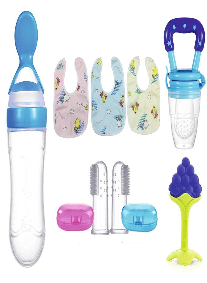 ROFORUF 8-Piece Baby Feeding & Oral Care Set | Silicone Spoon Bottle 90ml, Fruit Feeder, Fruit Teether, Finger Tooth Brush (2pcs) & Waterproof Silicone Bibs (3pcs) | BPA-Free Newborn Kit (Combo of 8) (Blue) - Image 1