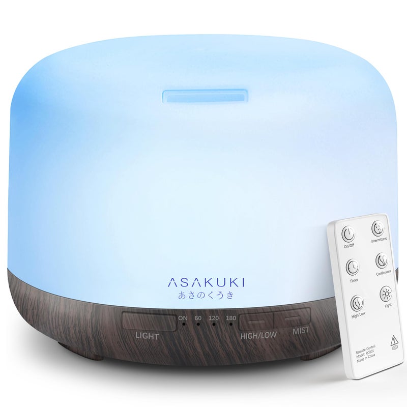 ASAKUKI 500ml Premium, Essential Oil Diffuser with Remote Control, 5 in 1 Ultrasonic Aromatherapy Fragrant Oil Humidifier Vaporizer, Timer and Auto-Off Switch Brown - Image 1