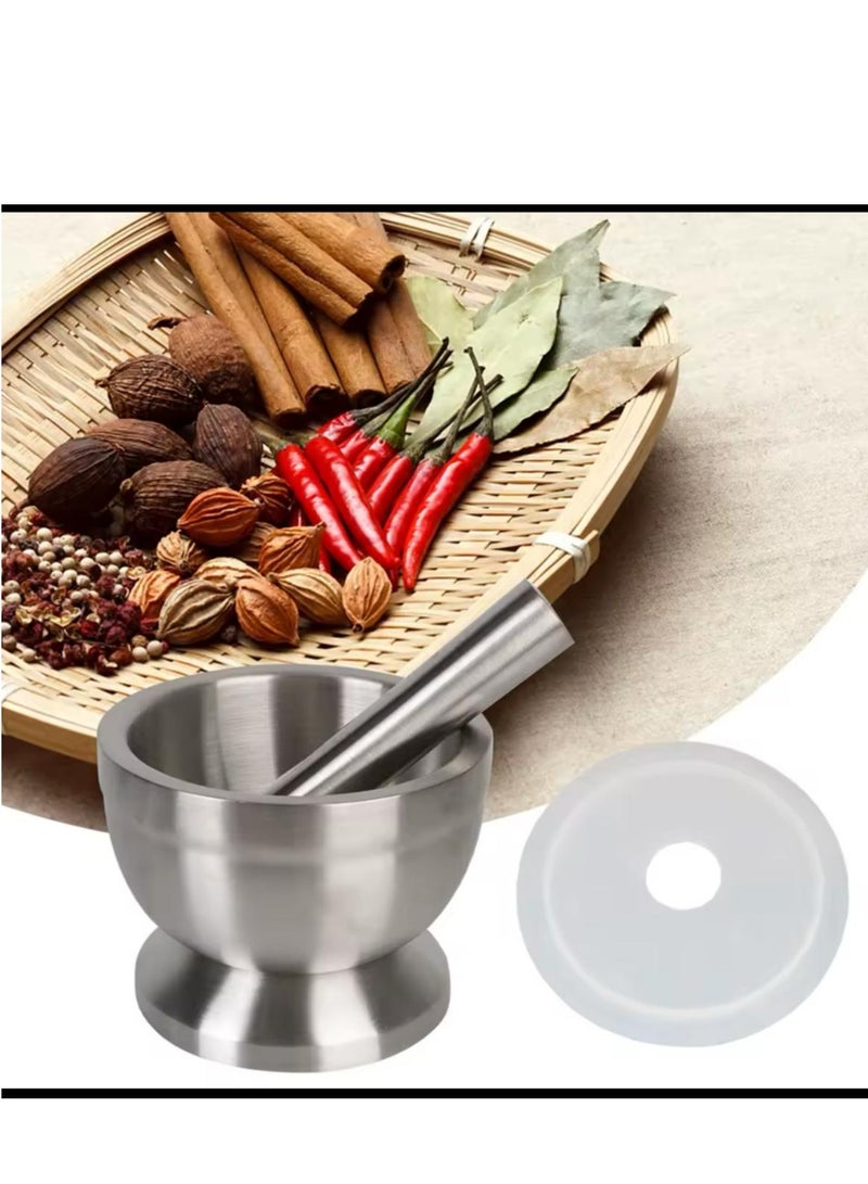 اباريك الصفا مدقة هاون ثقيلة من الفولاذ المقاوم للصدأ مع غطاء سيليكون مضاد للانسكاب لسحق البهارات - Image 2