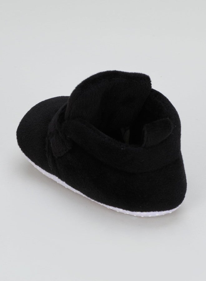 PureSole Classic & Elegant Look Baby Booties for Boys & Girls - Soft Black Velvet Crib Shoes with Wooden Button - Non-Slip Infant First Walkers (6-12 Months) PLAIN BLACK - Image 3