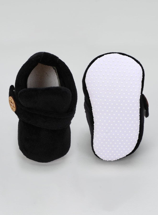 PureSole Classic & Elegant Look Baby Booties for Boys & Girls - Soft Black Velvet Crib Shoes with Wooden Button - Non-Slip Infant First Walkers (6-12 Months) PLAIN BLACK - Image 5