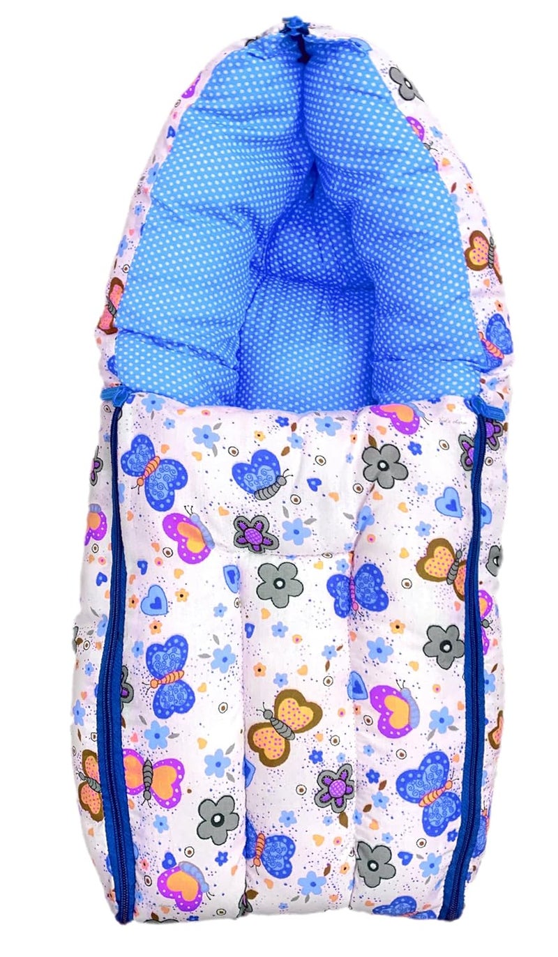 Kid's Charm Kids Charm Butterfly Mini 3 in 1 Babys Cotton Bed Cum Carry Bed Printed Baby Sleeping BagBaby BedInfant Portable for Unisex Easily Portable Light Weight Carry for New Born 04 Months Old Blue - Image 1