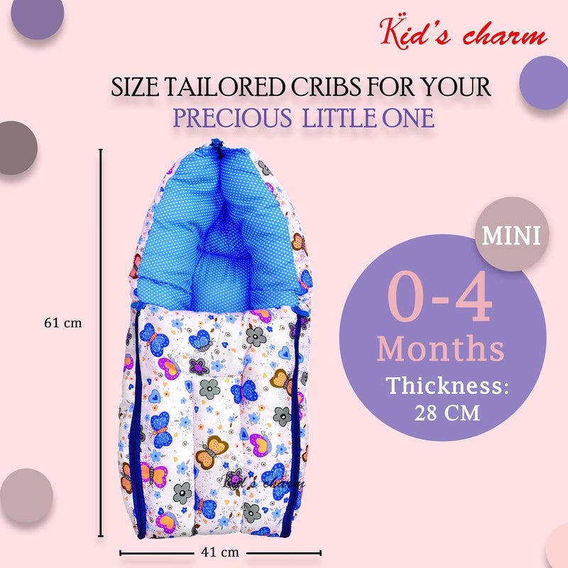 Kid's Charm Kids Charm Butterfly Mini 3 in 1 Babys Cotton Bed Cum Carry Bed Printed Baby Sleeping BagBaby BedInfant Portable for Unisex Easily Portable Light Weight Carry for New Born 04 Months Old Blue - Image 2